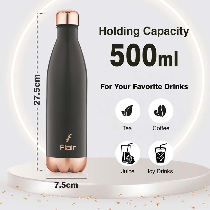 Flair Flair Spark Insulated Steel Bottle | Upto 24 Hours Hot & Cold | Leakproof, BPA-Free, Tough & Durable, Copper Coated-Double Walled, Rust Free Water Bottle (500 ml,Black) - Image 5