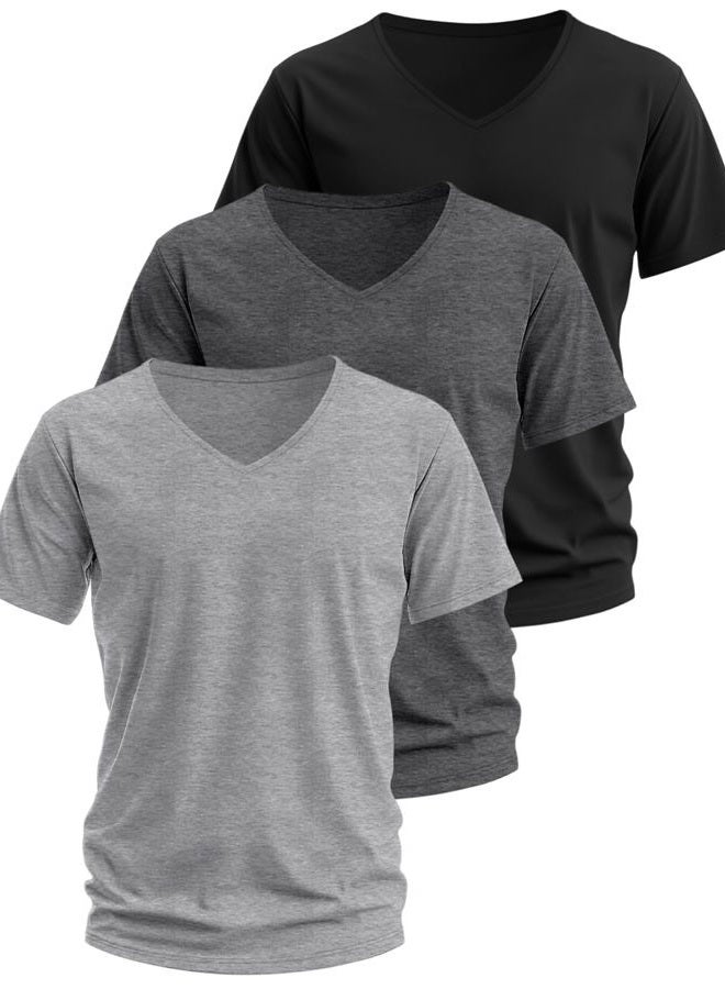Ficerd 3 Pack Big and Tall V Neck Shirts for Men, Cotton Short Sleeve T Shirts Loose Casual Summer Basic Tee, Black, Dark Gray, Light Gray, 4XL - Image 2