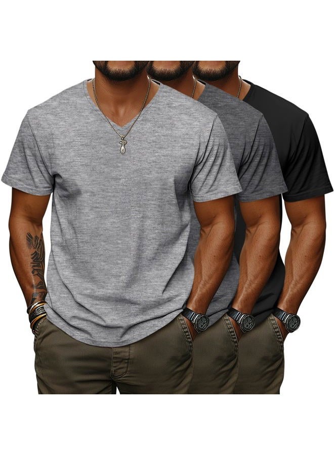 Ficerd 3 Pack Big and Tall V Neck Shirts for Men, Cotton Short Sleeve T Shirts Loose Casual Summer Basic Tee, Black, Dark Gray, Light Gray, 4XL - Image 1