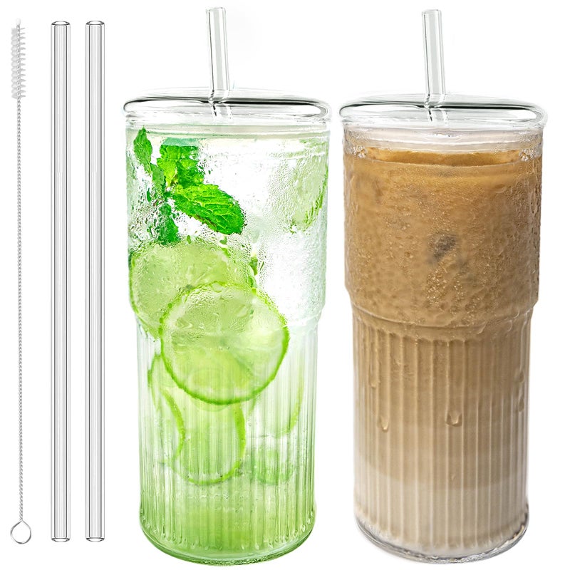 Luiaiog Glass Cups with Lids and Glass Straws, High Borosilicate 20OZ Tumblers (2Pcs) for Coffee, Tea, Juice, Smoothies, Hot/Cold Drinks at Home, Office - Image 1