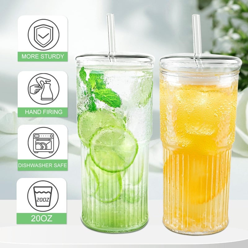 Luiaiog Glass Cups with Lids and Glass Straws, High Borosilicate 20OZ Tumblers (2Pcs) for Coffee, Tea, Juice, Smoothies, Hot/Cold Drinks at Home, Office - Image 2