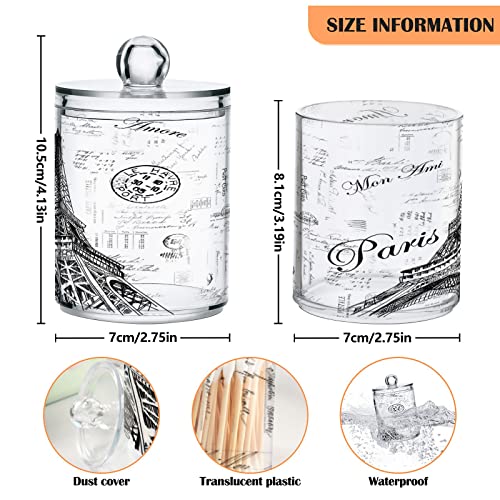 WELLDAY Apothecary Jars Bathroom Storage Organizer with Lid - 14 oz Qtip Holder Dispenser, Paris Eiffel Tower Clear Plastic Canister for Cotton Swab, Cotton Ball, 2PCS - Image 3