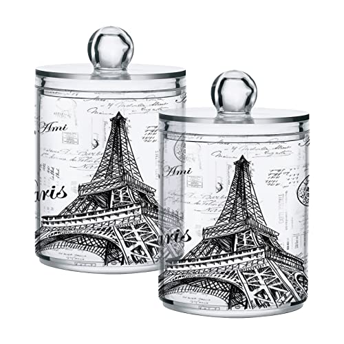 WELLDAY Apothecary Jars Bathroom Storage Organizer with Lid - 14 oz Qtip Holder Dispenser, Paris Eiffel Tower Clear Plastic Canister for Cotton Swab, Cotton Ball, 2PCS - Image 1