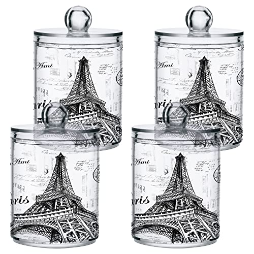 WELLDAY Apothecary Jars Bathroom Storage Organizer with Lid - 14 oz Qtip Holder Dispenser, Paris Eiffel Tower Clear Plastic Canister for Cotton Swab, Cotton Ball, 2PCS - Image 2