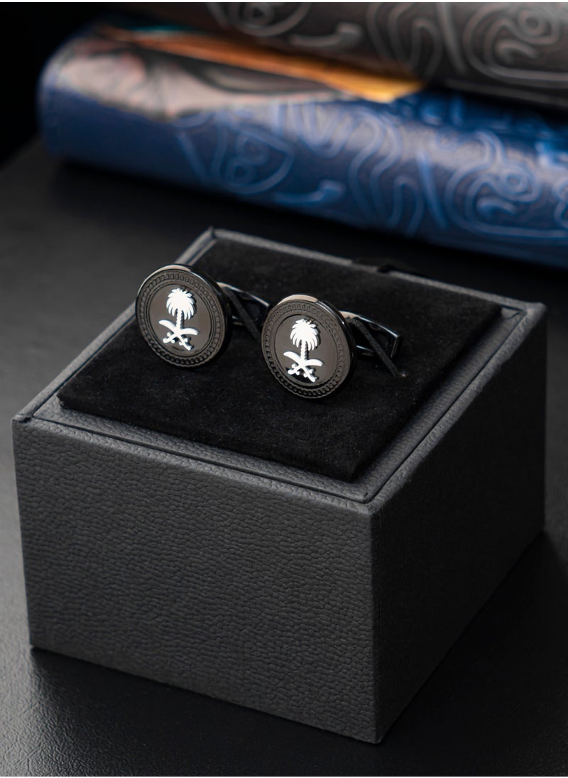 Tawqiy - Luxurious Men's Cufflink with the Logo of Saudi Arabia, the Two Swords and the Palm in silver color and Black Background - Image 1