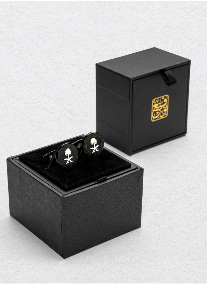 Tawqiy - Luxurious Men's Cufflink with the Logo of Saudi Arabia, the Two Swords and the Palm in silver color and Black Background - Image 1