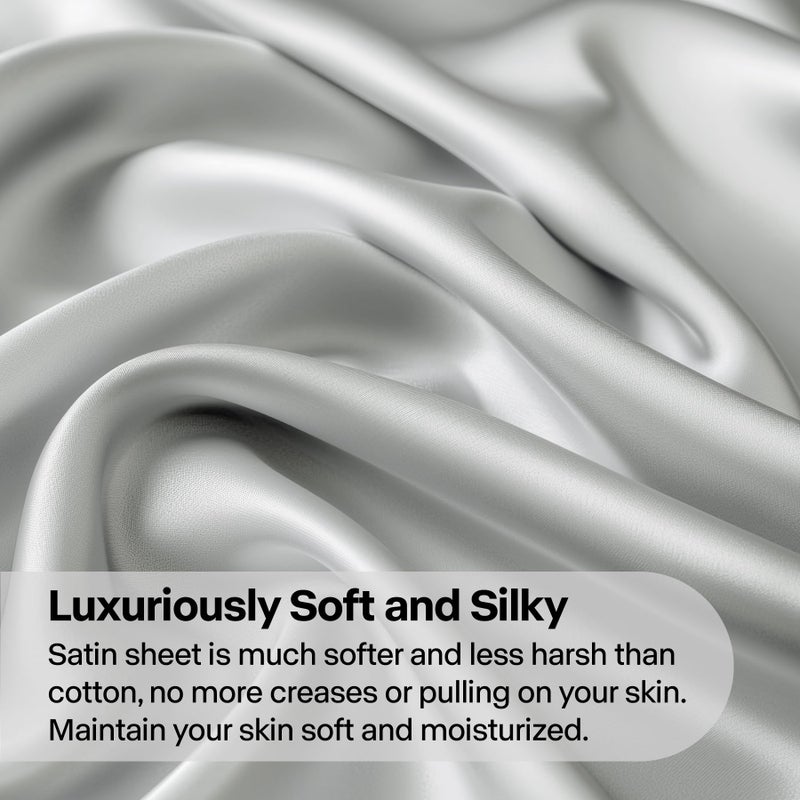 BEDELITE King Size Sheets Set, Luxury Soft Grey Satin Sheets for Hair and Skin, Similar to Silk Bed Sheets Set 4 Pieces with 1 Deep Pocket Fitted Sheet, 1 Flat Sheet, and 2 Pillowcases - Image 3
