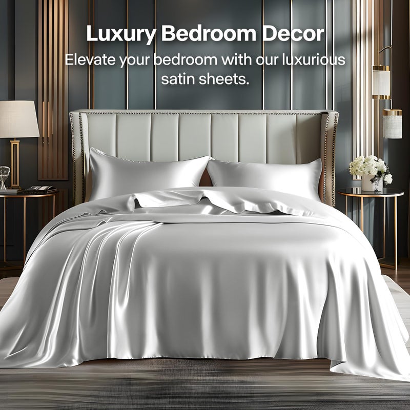 BEDELITE King Size Sheets Set, Luxury Soft Grey Satin Sheets for Hair and Skin, Similar to Silk Bed Sheets Set 4 Pieces with 1 Deep Pocket Fitted Sheet, 1 Flat Sheet, and 2 Pillowcases - Image 2
