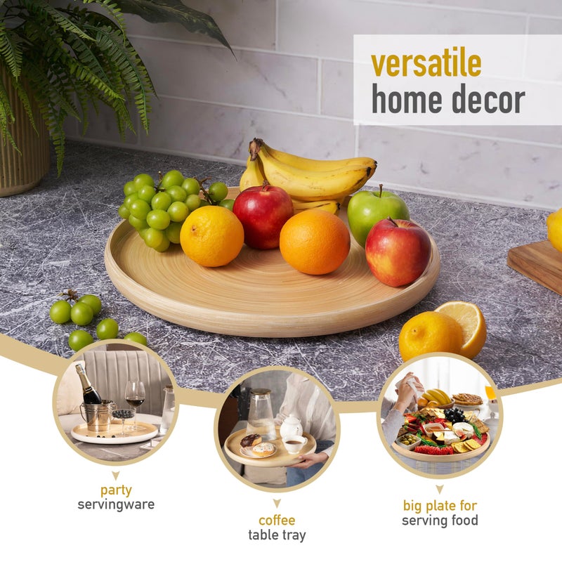 LEXA 15.7" Bamboo Round Serving Tray â€“ Large Handcrafted Wooden Tray for Food, Ottoman, Coffee Table, Kitchen, Charcuterie, or Home DÃ©cor, Natural - Image 3