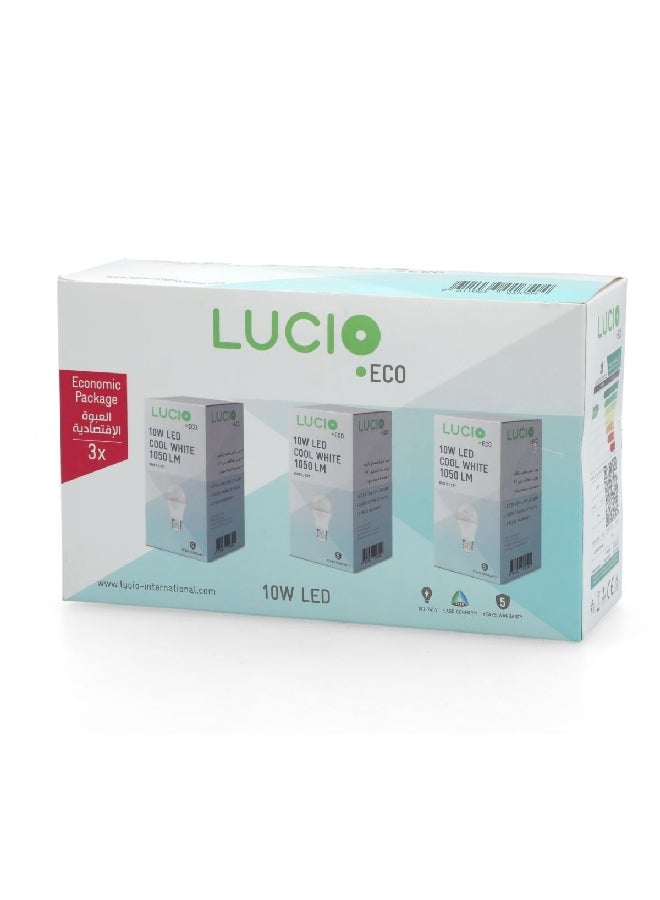 Lucio 3-Piece 10W 6500K 1050 Lumen Elegant Design LED Bulb for E27 Base Cool White 11.4 x 6.8 x 18.6 cm L-ST-0100-10W-6500K-P3  - Image 2