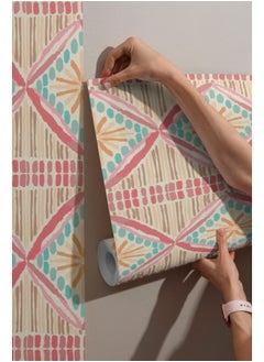 Geometric Pink Blue Art Deco Fabric Wallpaper Covers An Area ​​Up To 4.2Mx3M With Adhesive  And Smoothing Tool