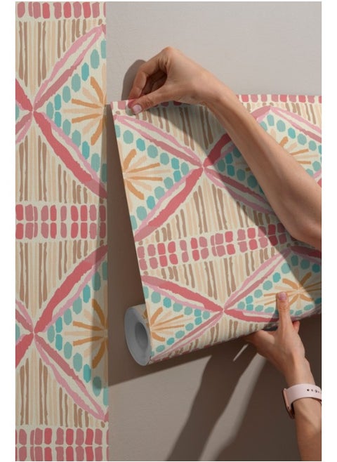 Geometric Pink Blue Art Deco Fabric Wallpaper Covers An Area ​​Up To 4.2Mx3M With Adhesive  And Smoothing Tool