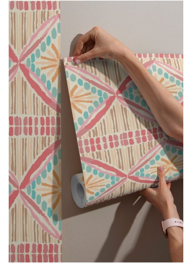 Home Gallery - Geometric Pink Blue Art Deco Fabric Wallpaper Covers An Area ​​Up To 4.2Mx3M With Adhesive  And Smoothing Tool - Image 1