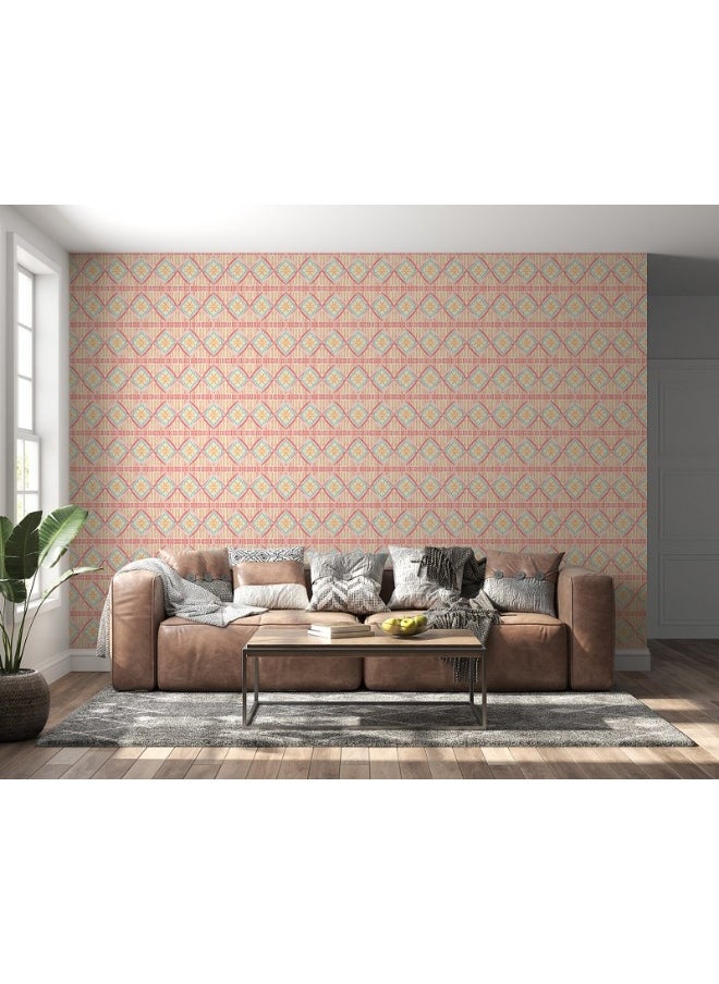 Home Gallery - Geometric Pink Blue Art Deco Fabric Wallpaper Covers An Area ​​Up To 4.2Mx3M With Adhesive  And Smoothing Tool - Image 1