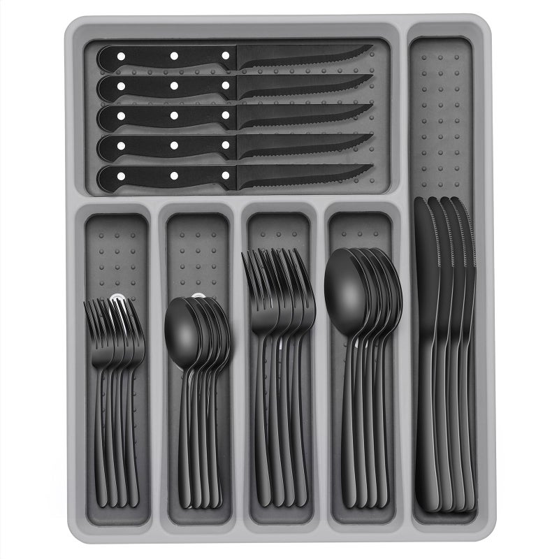 EWFEN 49-Piece Black Silverware Set with Organizer, Heavy Duty Stainless Steel Black Flatware for 8, Cutlery Utensil Sets with Steak Knives, Rust-proof, Mirror Polished, Dishwasher Safe - Image 1