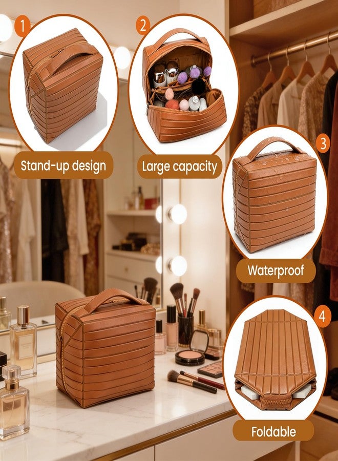 Fold Down Standing Makeup Bag – Large Travel Toiletry Organizer (Brown) - Image 3
