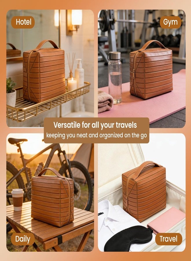 Fold Down Standing Makeup Bag – Large Travel Toiletry Organizer (Brown) - Image 2