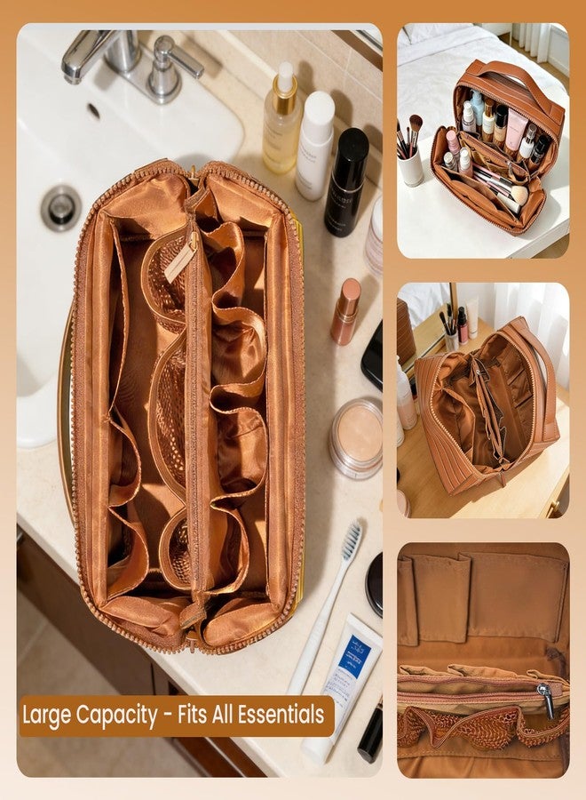 Fold Down Standing Makeup Bag – Large Travel Toiletry Organizer (Brown) - Image 5