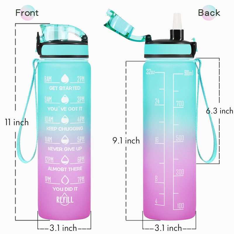 Enerbone 32 oz Water Bottle, Leakproof BPA & Toxic Free, Motivational Water Bottle with Times to Drink and Straw, Fitness Sports Water Bottle with Strap for Office, Gym, Outdoor Sports, Green-Purple - Image 3