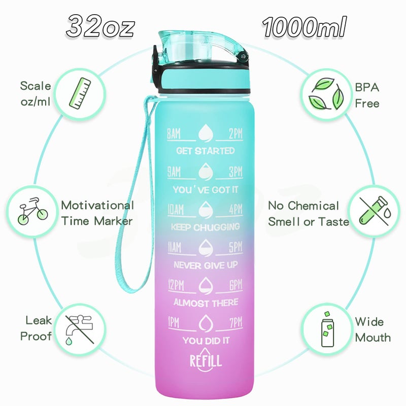 Enerbone 32 oz Water Bottle, Leakproof BPA & Toxic Free, Motivational Water Bottle with Times to Drink and Straw, Fitness Sports Water Bottle with Strap for Office, Gym, Outdoor Sports, Green-Purple - Image 2