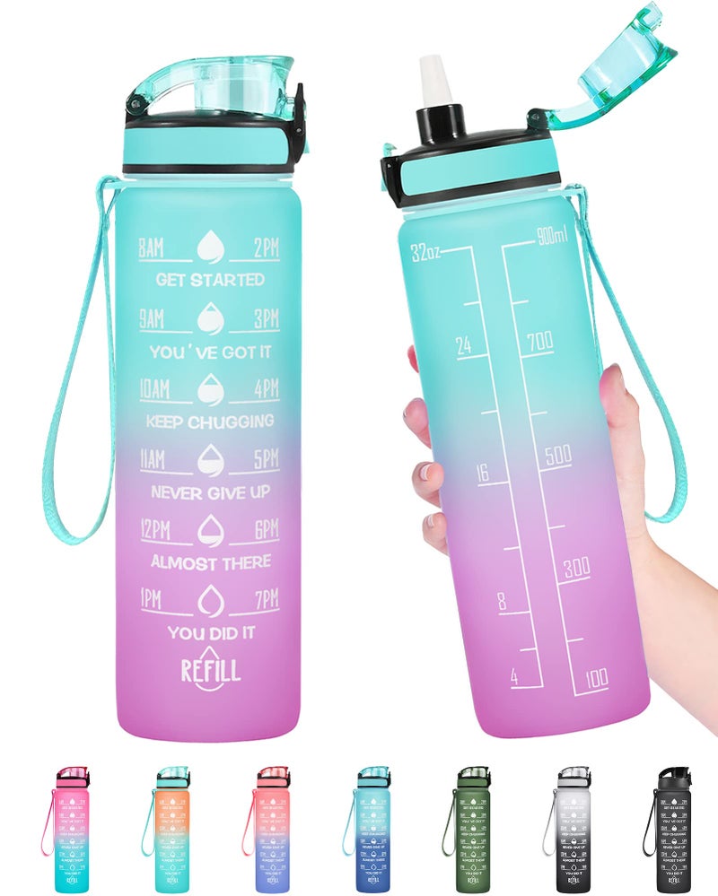 Enerbone 32 oz Water Bottle, Leakproof BPA & Toxic Free, Motivational Water Bottle with Times to Drink and Straw, Fitness Sports Water Bottle with Strap for Office, Gym, Outdoor Sports, Green-Purple - Image 1