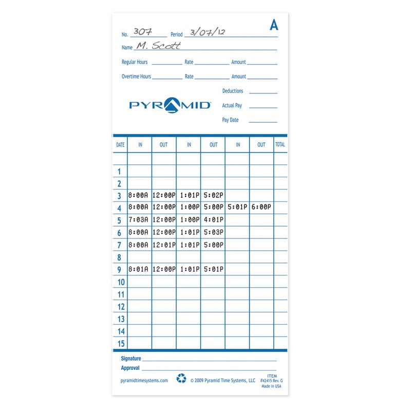 Pyramid Time Systems - Authentic Time Cards (42415) for Pyramid Models 2500, 2500K1, 2600 and 2650 Aligning Time Clocks, Double Sided Time Sheets (3.38 x 7.44 in) - 100 Time Cards - Blue/Green - Image 3