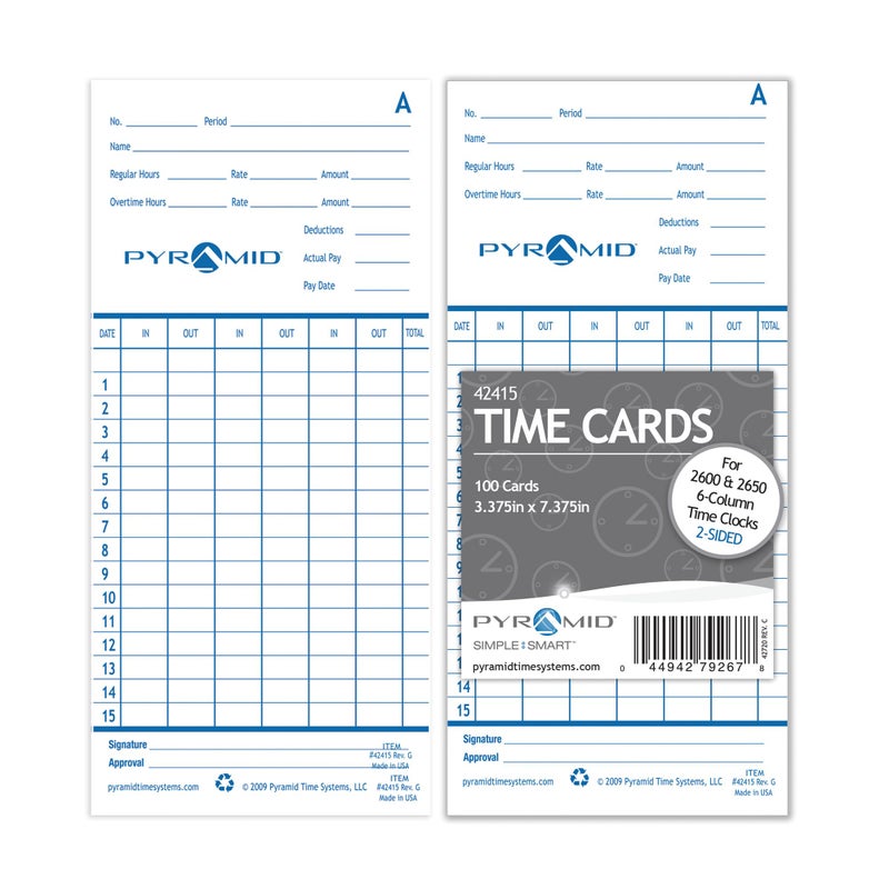 Pyramid Time Systems - Authentic Time Cards (42415) for Pyramid Models 2500, 2500K1, 2600 and 2650 Aligning Time Clocks, Double Sided Time Sheets (3.38 x 7.44 in) - 100 Time Cards - Blue/Green - Image 1