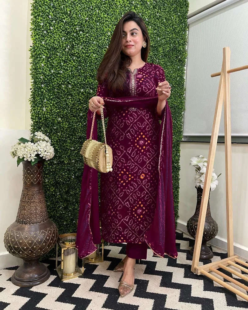 GoSriKi Wine GoSriKi Women's Rayon Blend Straight Bandhej Printed Kurta with Pant & Dupatta (Turae Wine-GS_3XL_Wine_XXX-Large) for Women | Best Price UAE