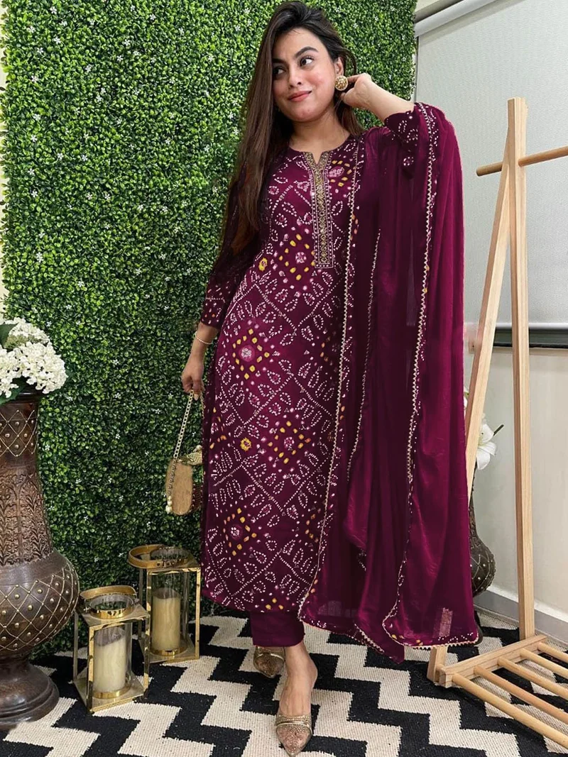 GoSriKi Women's Rayon Blend Straight Bandhej Printed Kurta with Pant & Dupatta Wine