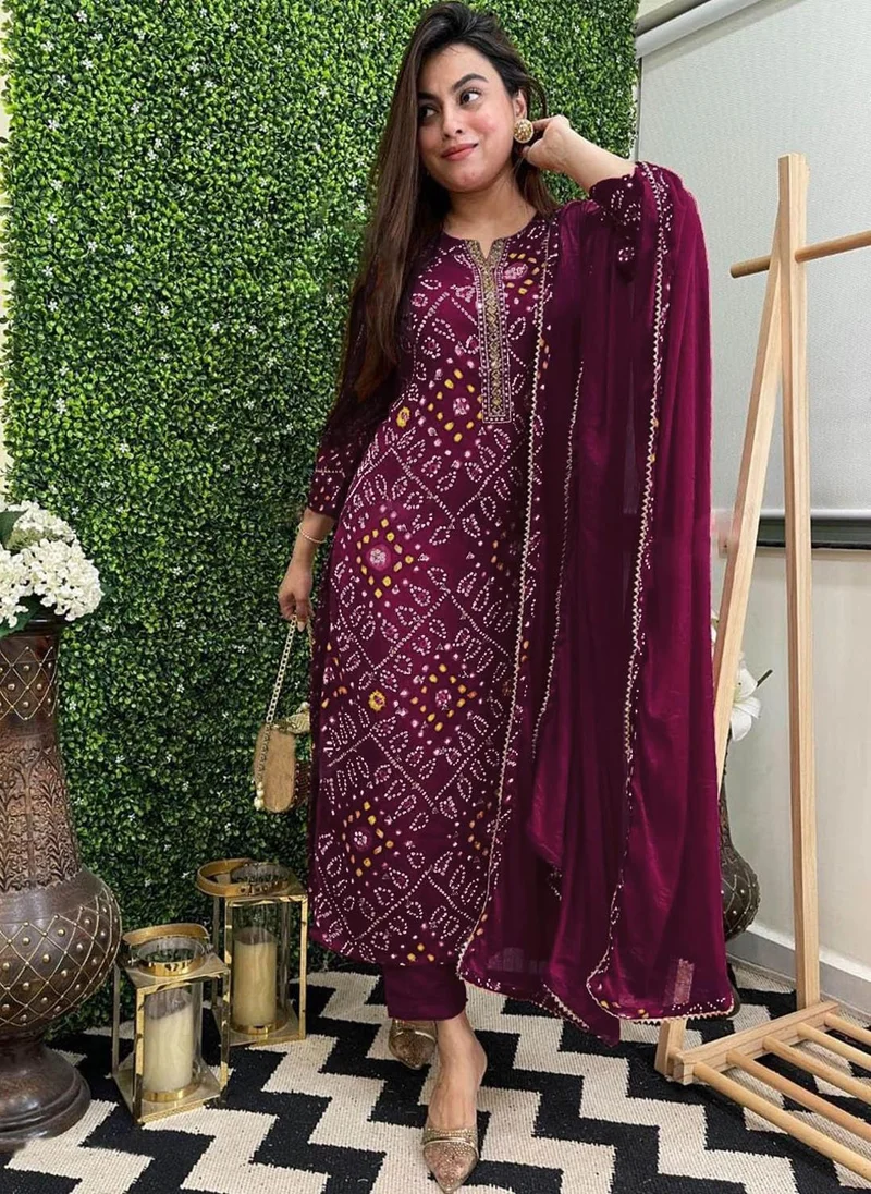 GoSriKi Women's Rayon Blend Straight Bandhej Printed Kurta with Pant & Dupatta Wine
