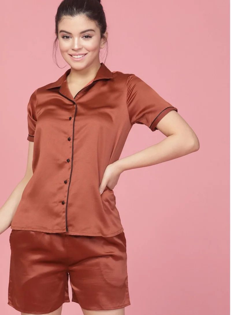 كلوفيا Clovia Button Me Up Shirt & Shorts Set in Dark Brown- Satin