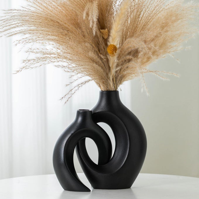 BLACK VASES HOME DECOR SET OF 2 CERAMIC BLACK SMALL FLOWER VASE MINIMALIST BOHO DECORATIVE MODERN DONUT VASE FOR FARMHOUSE LIVING DINING ROOM OFFICE ENTRYWAY BOOKSHELF COFFEE TABLE DCOR