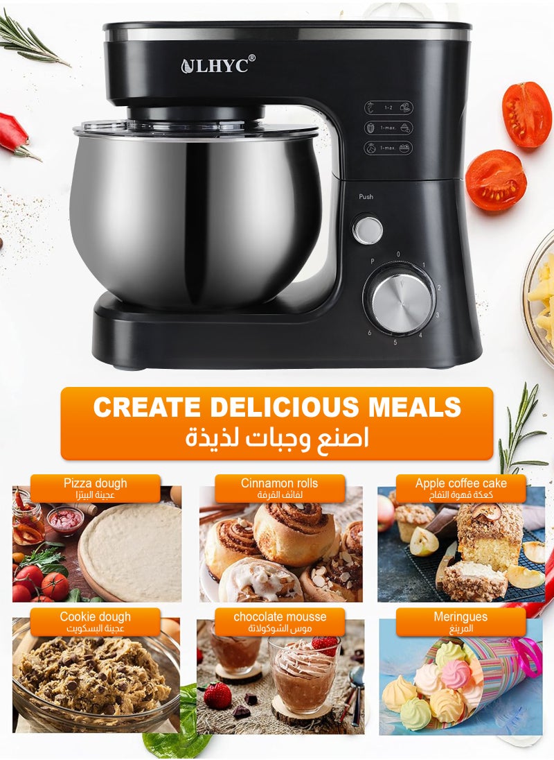 يو إل اتش واي سي خلاط قائم سعة 6 لتر، 6 سرعات قابلة للتعديل 1600 وات، خلاط كهربائي للطعام والكعك برأس مائل مع وعاء من الفولاذ المقاوم للصدأ، خفاقة، خطاف عجين، مضرب وواقي من الرذاذ، أسود، مناسب للطهي في المنزل والمطبخ التجاري  - Image 4