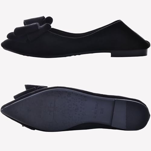 SAILING LU Bow-Knot Ballet Flats Womens Pointy Toe Flat Shoes Suede Dress Shoes Wear to Work Slip On Moccasins Black Size 9 - Image 3
