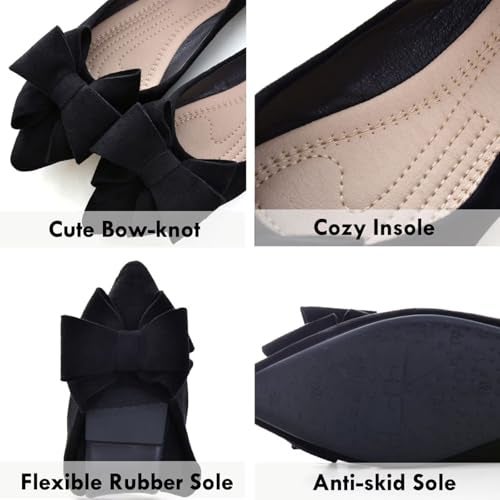 SAILING LU Bow-Knot Ballet Flats Womens Pointy Toe Flat Shoes Suede Dress Shoes Wear to Work Slip On Moccasins Black Size 9 - Image 4