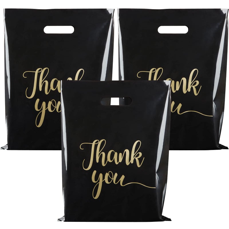 ZORRITA 100 Pack Thank You Bags for Small Business 12 x 15 Inch Plastic Shopping Bags with Handles Retail Merchandise Bag Extra Thick Gift Bag Bulk Black
