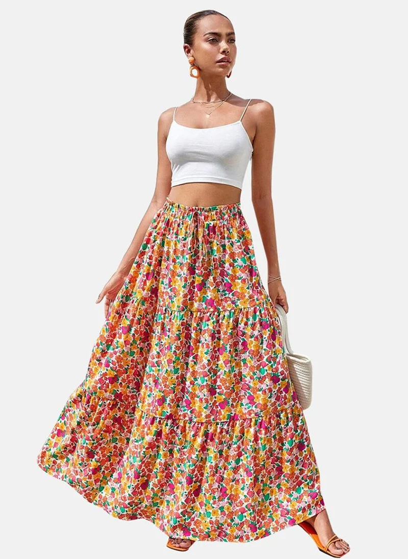 يونيكي Red Tiered Floral Maxi Skirt