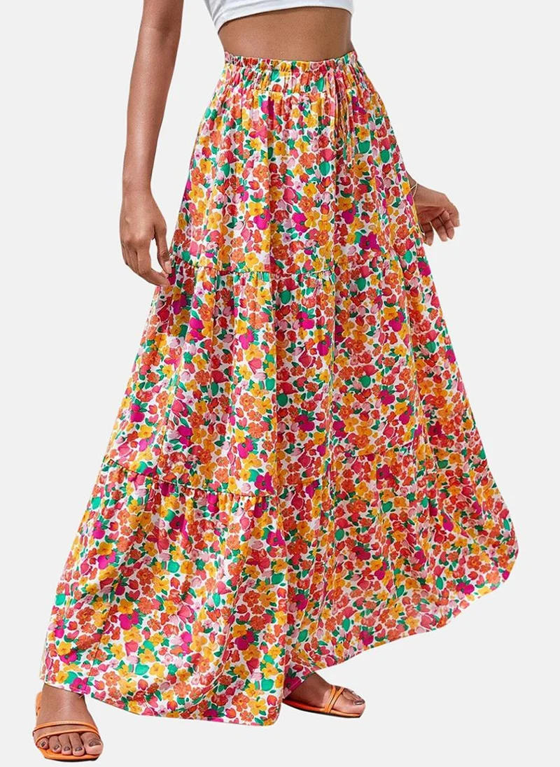 يونيكي Red Tiered Floral Maxi Skirt