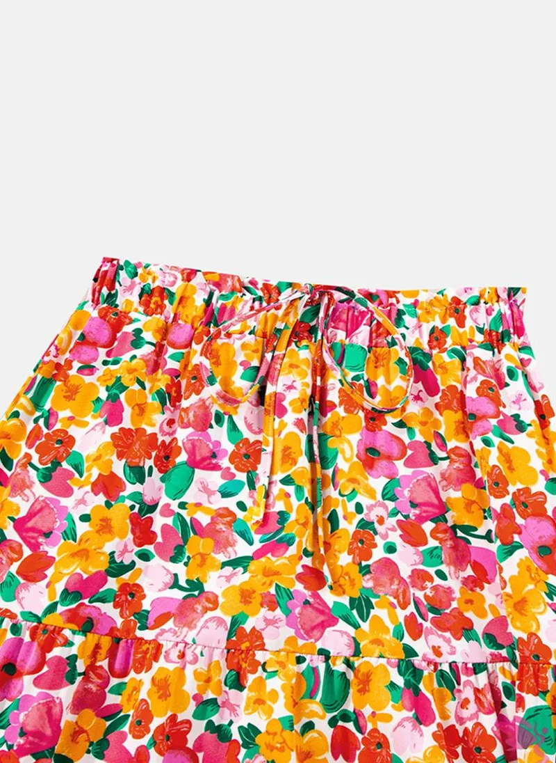 يونيكي Red Tiered Floral Maxi Skirt