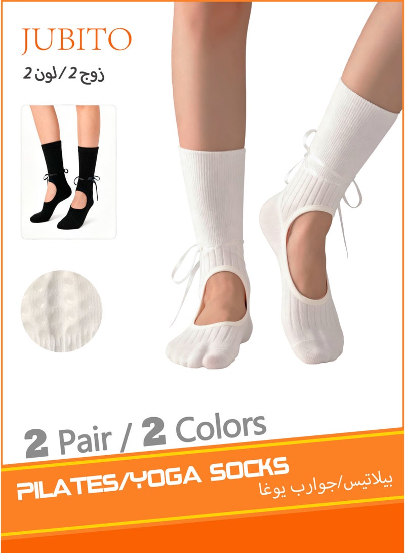 JUBITO Socks - 2 pairs, Pilates socks, yoga socks, ribbon ballet calf socks, anti-skid socks for Pilates, yoga, ballet, dance, fitness (black and white, cotton 77.3%) - Image 1