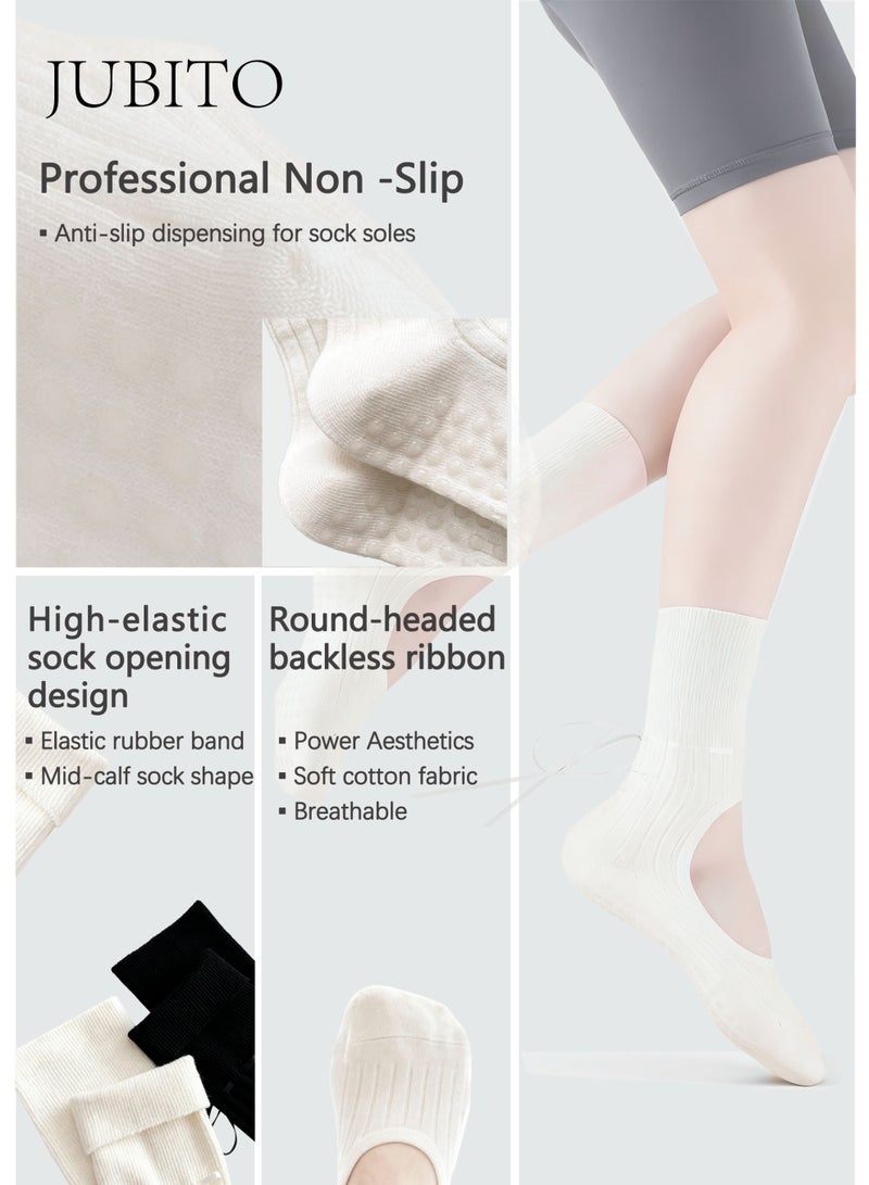 JUBITO Socks - 2 pairs, Pilates socks, yoga socks, ribbon ballet calf socks, anti-skid socks for Pilates, yoga, ballet, dance, fitness (black and white, cotton 77.3%) - Image 2
