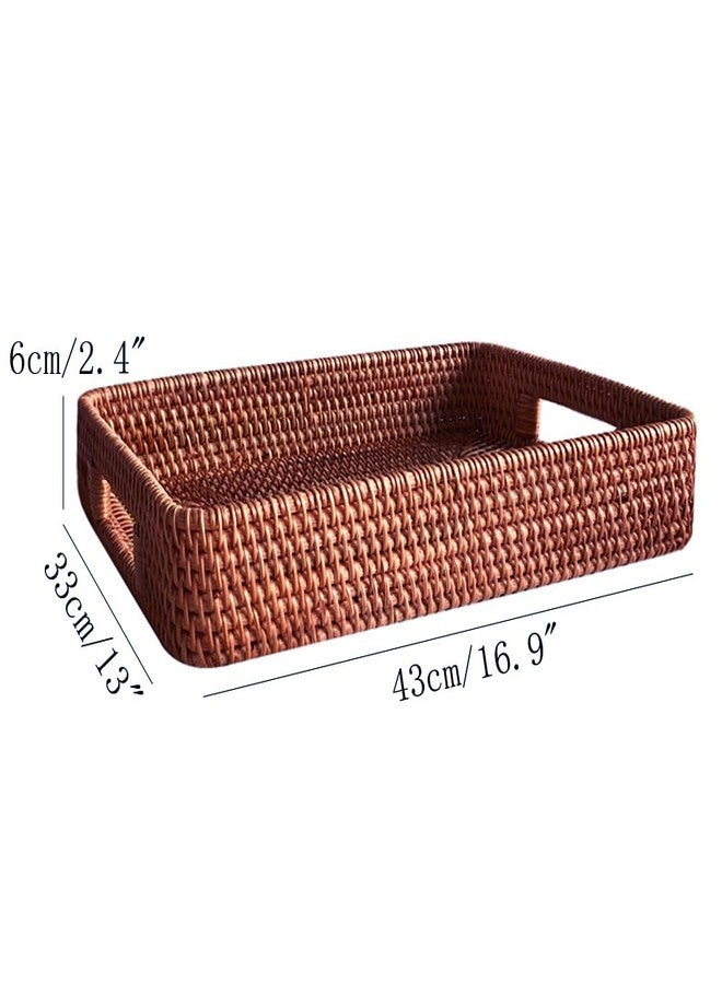 i-lan 17 Inch Oversize Handwoven Dark Brown Rattan Rectangular Serving Tray with Cutout Handles, 2.3” High Wall Decorative Woven Rattan Storage Baskets Organizer Platter for Bread, Fruits - Image 2