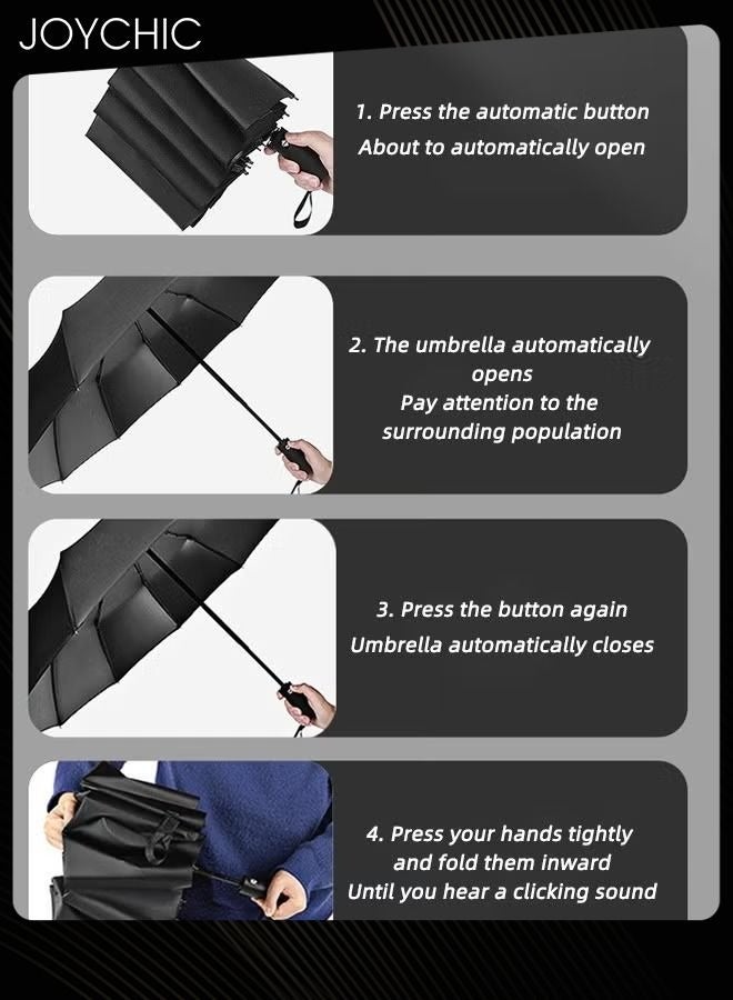 Joychic 12 Ribs Strong Large Auto Open-Close Sun Rain Wind-proof Travel Umbrella For Men Women Adults Black - Image 3