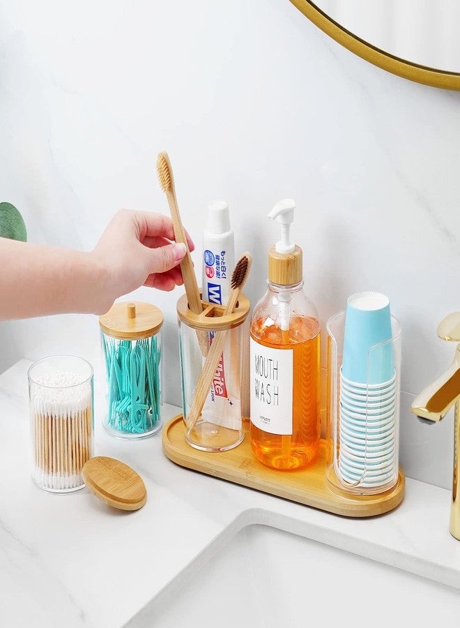 VITVITI Mouthwash Dispenser for Bathroom, 7Pcs Bathroom Accessories, Lotion Soap Dispenser, Cotton Swab/Cup/Toothbrush Holder, Plastic Bathroom Accessory Set with Bamboo Tray Lid, Clear - Image 2