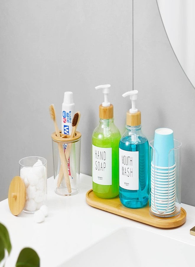VITVITI Mouthwash Dispenser for Bathroom, 7Pcs Bathroom Accessories, Lotion Soap Dispenser, Cotton Swab/Cup/Toothbrush Holder, Plastic Bathroom Accessory Set with Bamboo Tray Lid, Clear - Image 3