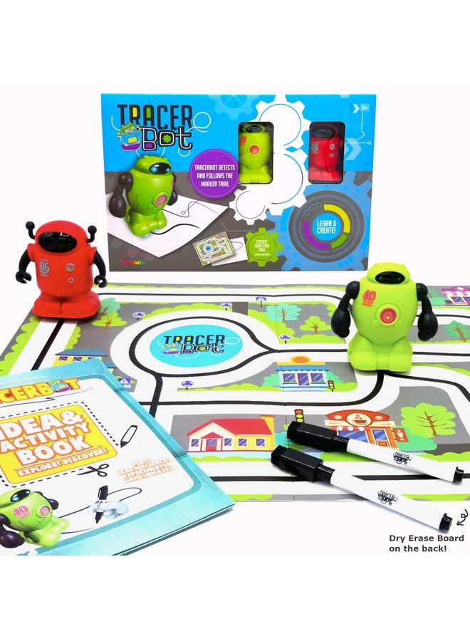 MukikiM Tracerbot Set (2 Robot Set) Mini Inductive Robot That Follows The Black Line You Draw. Fun Educational And Interactive Stem Toy! Includes Trail Map Dry Erase Board And Playbook - Image 1