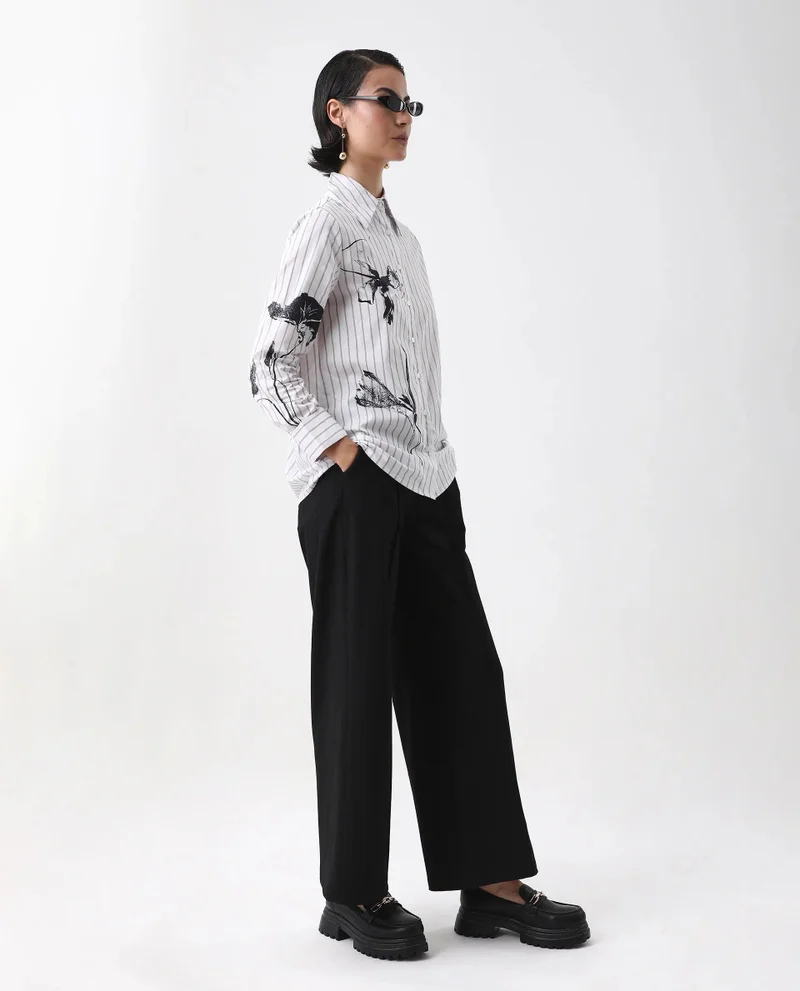 Rareism Women's Floral Placement Print Shirt With Stripes