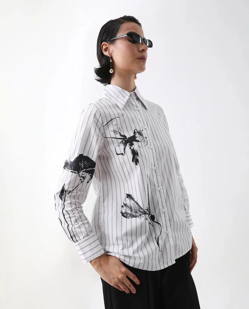 Rareism Women's Floral Placement Print Shirt With Stripes