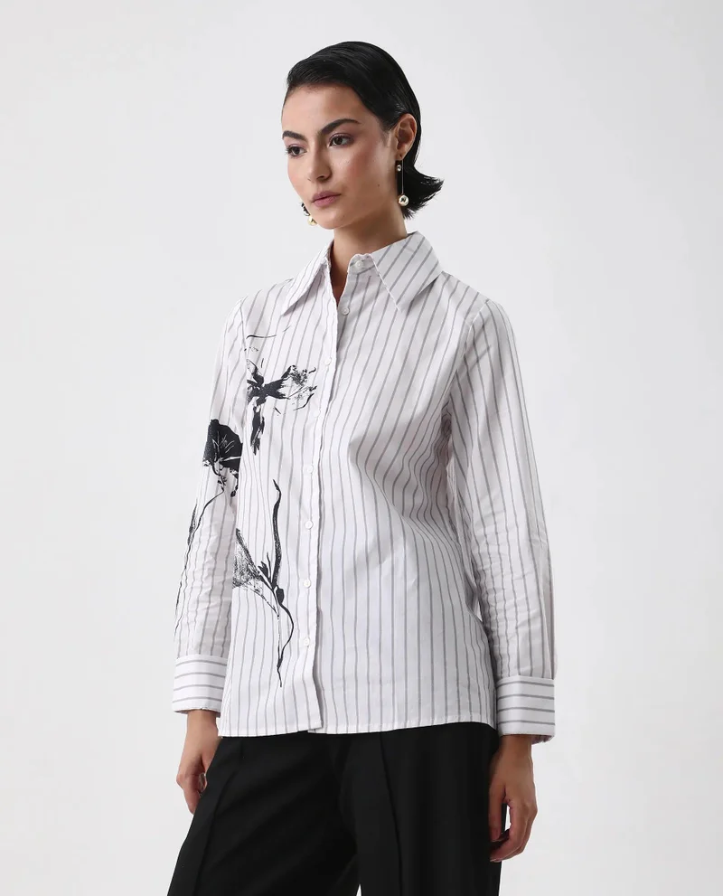 Rareism Women's Floral Placement Print Shirt With Stripes