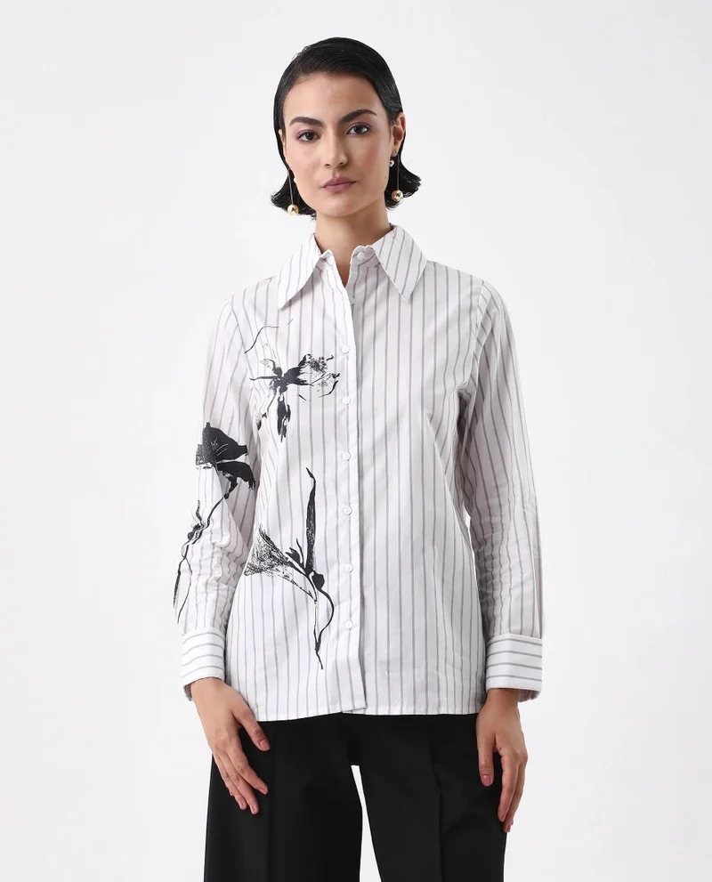 Rareism Women's Floral Placement Print Shirt With Stripes